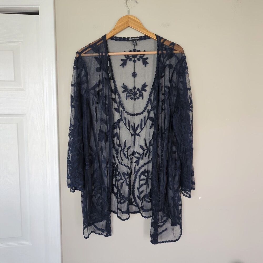 Nina Leonard Sheer Embroidered Cardigan XL Navy Blue Y2K Whimsigoth Fairy Grunge